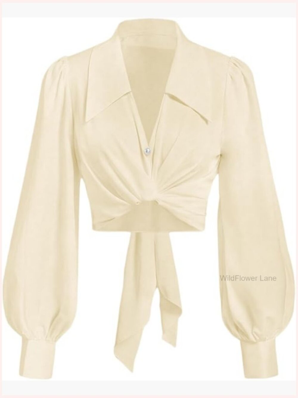 Button Up Collared Crop Top Long Sleeve Self Wrap Blouse